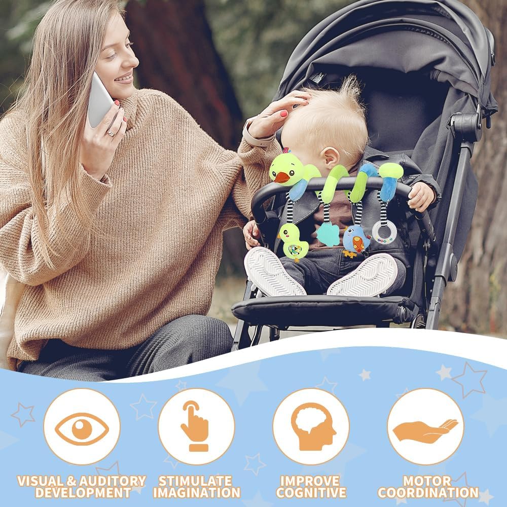 Baby Car Seat Toys, Activity Spiral Hangings Pram Toys, Plush Crib Toys with Squeaky for Boy or Girl, 0 Months up (Duck)