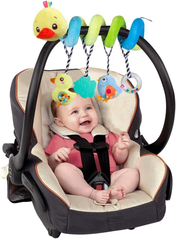 Baby Car Seat Toys, Activity Spiral Hangings Pram Toys, Plush Crib Toys with Squeaky for Boy or Girl, 0 Months up (Duck)